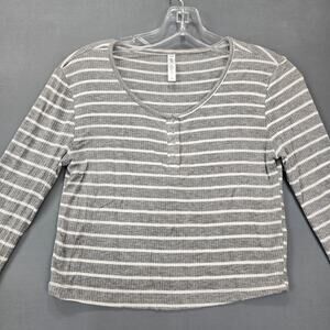 Love Charm Gray Crop Top Shirt White Stripe Snap Scoop Neck Long Sleeves Women M